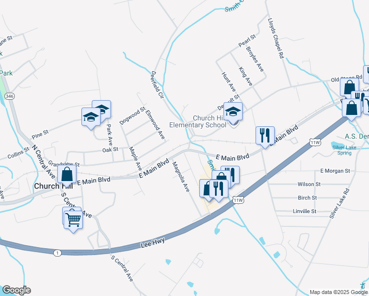 map of restaurants, bars, coffee shops, grocery stores, and more near 495 East Main Street in Church Hill
