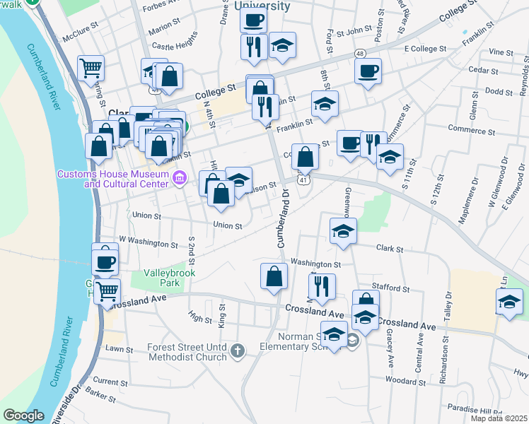 map of restaurants, bars, coffee shops, grocery stores, and more near 346 Union Street in Clarksville