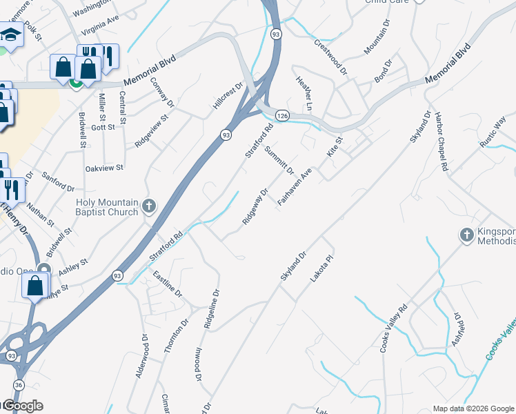 map of restaurants, bars, coffee shops, grocery stores, and more near 1684 Ridgeway Drive in Kingsport