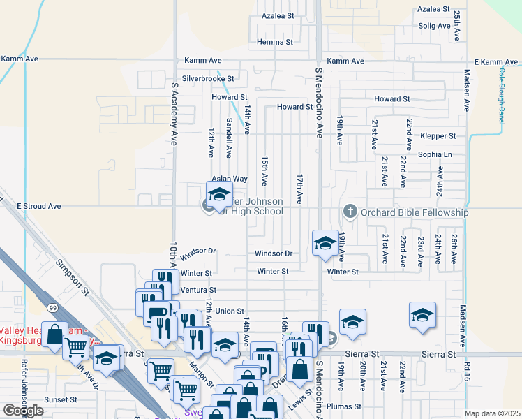 map of restaurants, bars, coffee shops, grocery stores, and more near 1460 East Stroud Avenue in Kingsburg