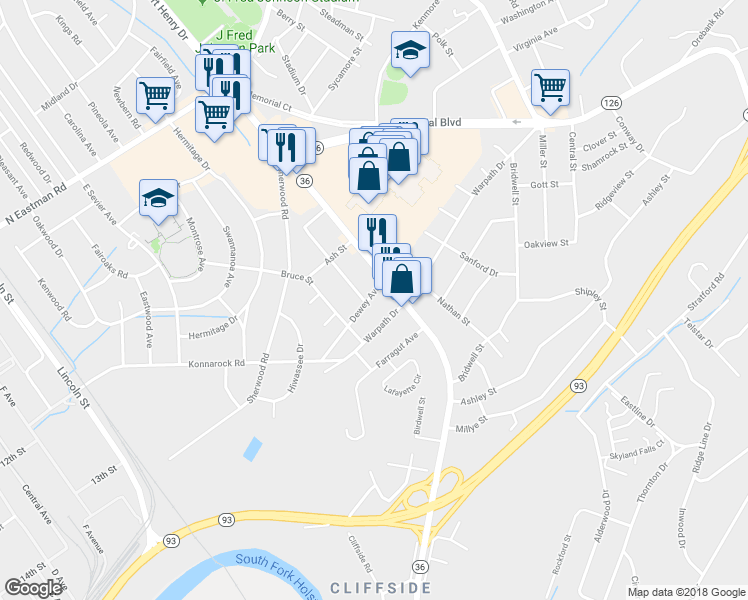 map of restaurants, bars, coffee shops, grocery stores, and more near 1383 Dewey Avenue in Kingsport