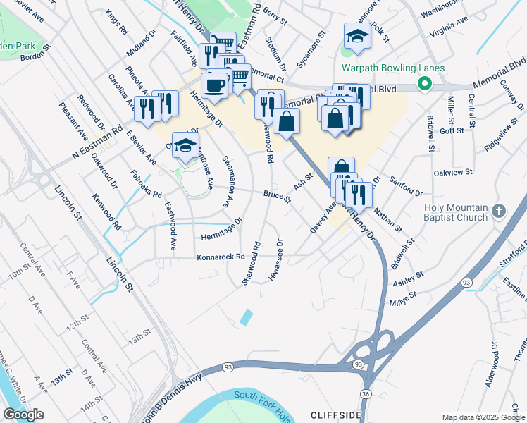 map of restaurants, bars, coffee shops, grocery stores, and more near 2125 Sherwood Road in Kingsport