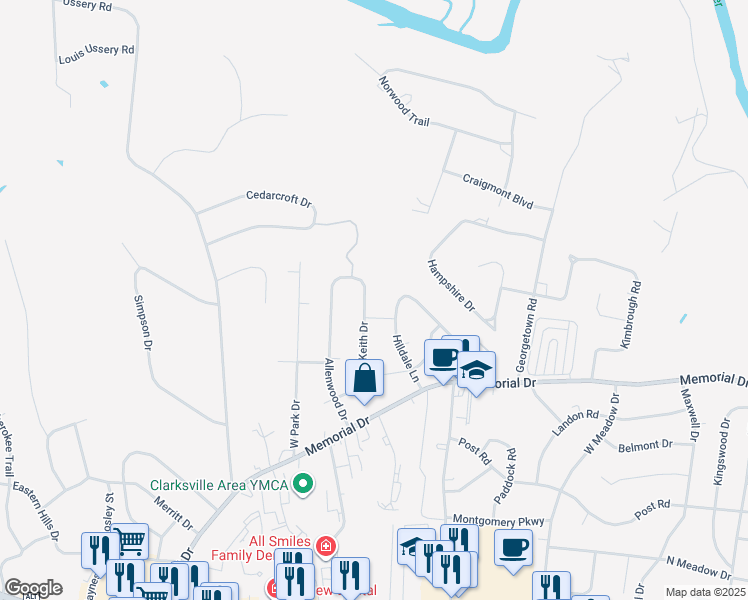map of restaurants, bars, coffee shops, grocery stores, and more near 137 Keith Drive in Clarksville