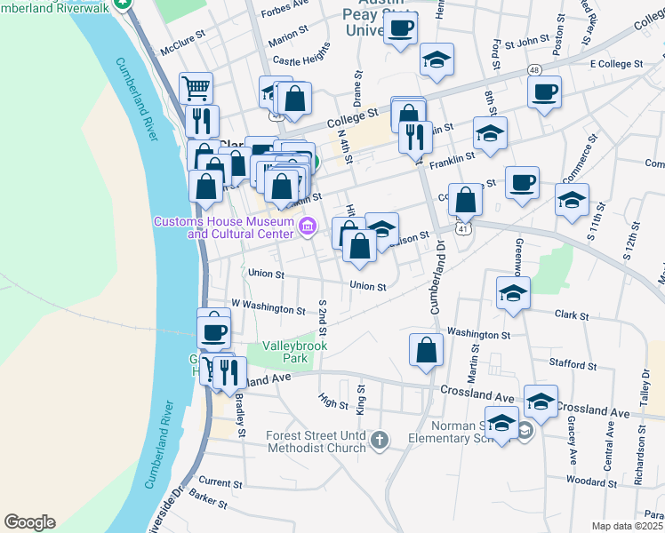 map of restaurants, bars, coffee shops, grocery stores, and more near 212 Madison Street in Clarksville