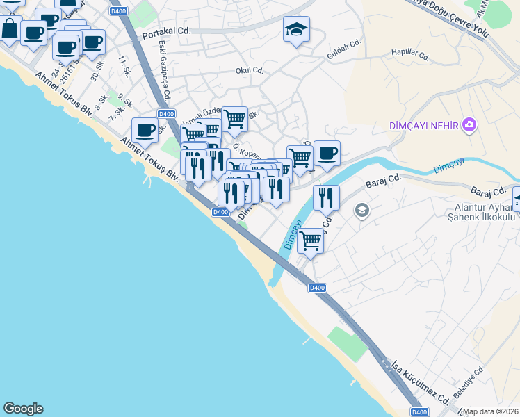 map of restaurants, bars, coffee shops, grocery stores, and more near 2 Gündoğan Sokak in Alanya