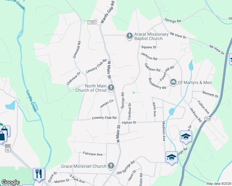 map of restaurants, bars, coffee shops, grocery stores, and more near 2016 North Main Street in Mount Airy