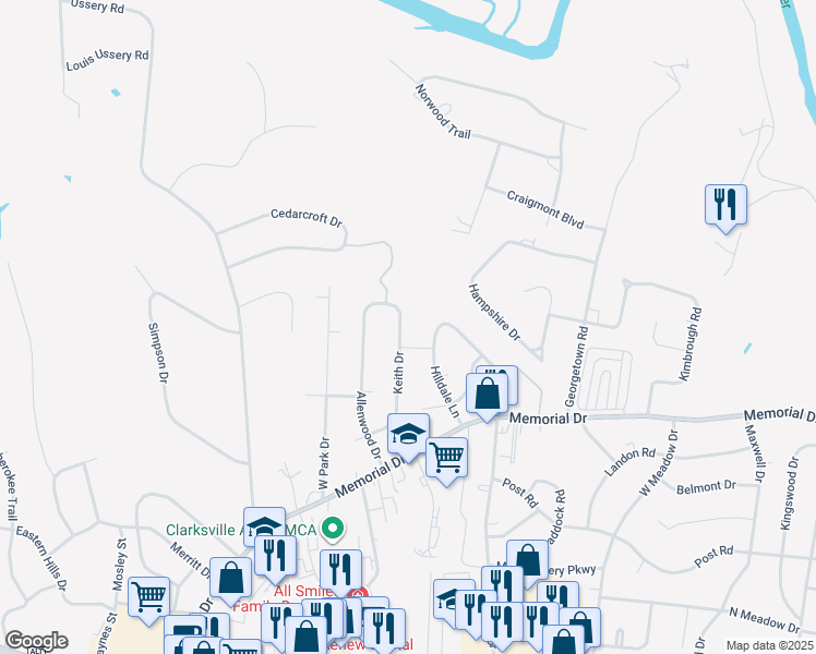 map of restaurants, bars, coffee shops, grocery stores, and more near 137 Keith Drive in Clarksville