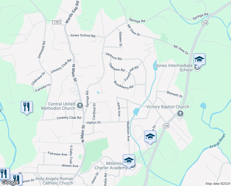 map of restaurants, bars, coffee shops, grocery stores, and more near 403 Pinecrest Drive in Mount Airy