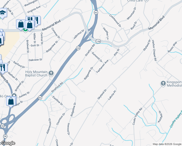 map of restaurants, bars, coffee shops, grocery stores, and more near 1684 Ridgeway Drive in Kingsport