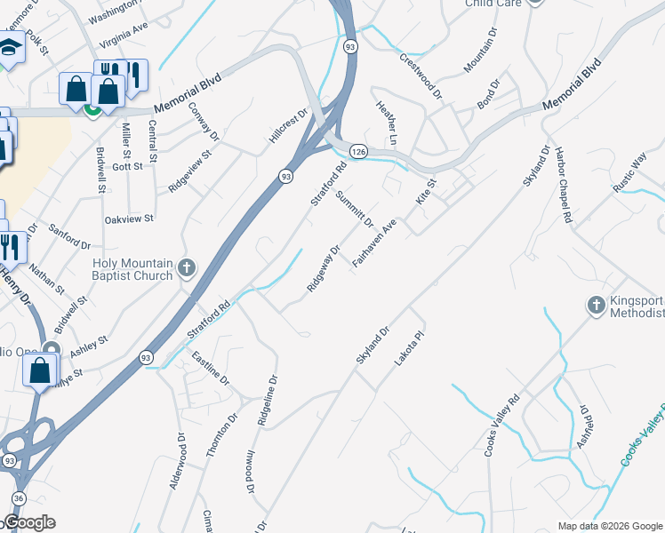 map of restaurants, bars, coffee shops, grocery stores, and more near 1684 Ridgeway Drive in Kingsport