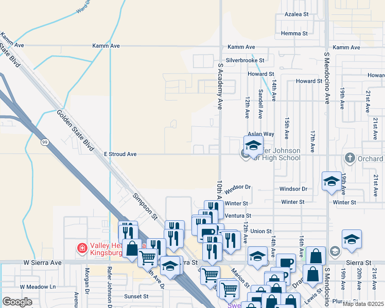 map of restaurants, bars, coffee shops, grocery stores, and more near 800 Stroud Avenue in Kingsburg