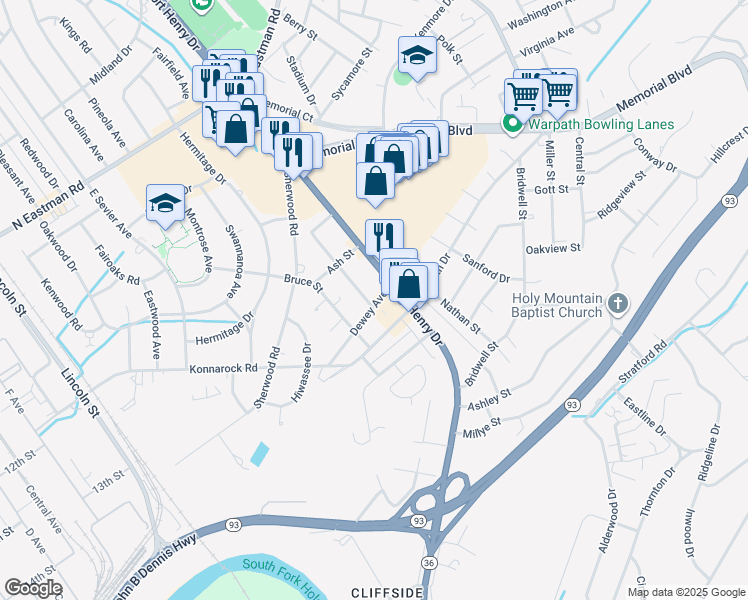 map of restaurants, bars, coffee shops, grocery stores, and more near 1383 Dewey Avenue in Kingsport