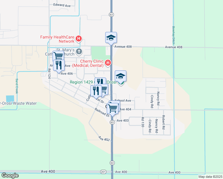 map of restaurants, bars, coffee shops, grocery stores, and more near 40532 Road 128 in Cutler