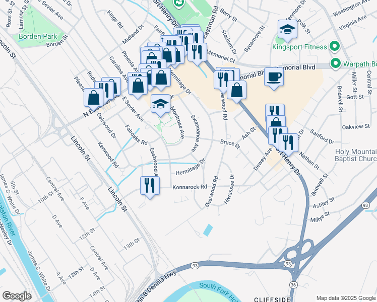 map of restaurants, bars, coffee shops, grocery stores, and more near 2229 Swannanoa Avenue in Kingsport