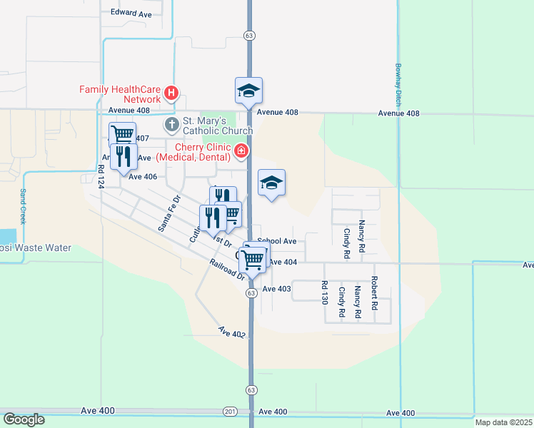 map of restaurants, bars, coffee shops, grocery stores, and more near 40532 Road 128 in Cutler