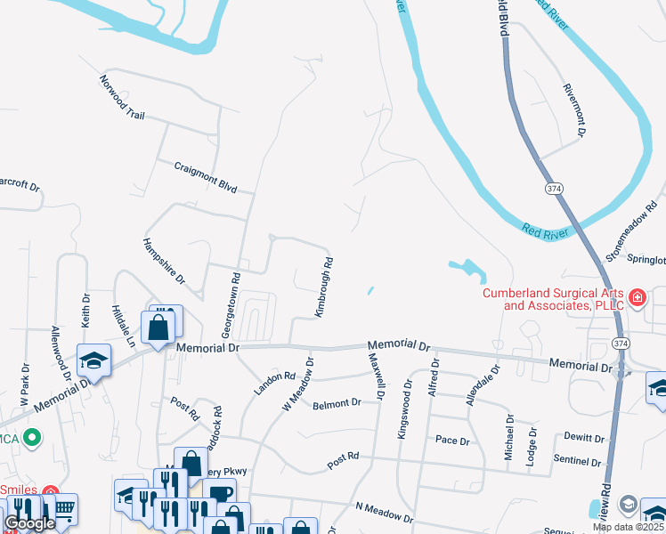 map of restaurants, bars, coffee shops, grocery stores, and more near 331 Kimbrough Road in Clarksville