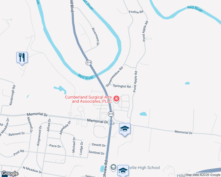 map of restaurants, bars, coffee shops, grocery stores, and more near 2202 Springlot Road in Clarksville