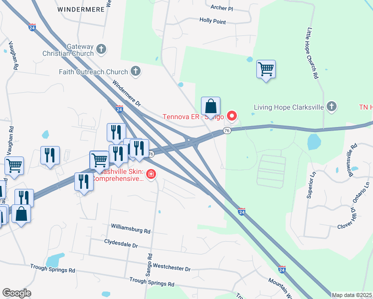 map of restaurants, bars, coffee shops, grocery stores, and more near Interstate 24 in Clarksville
