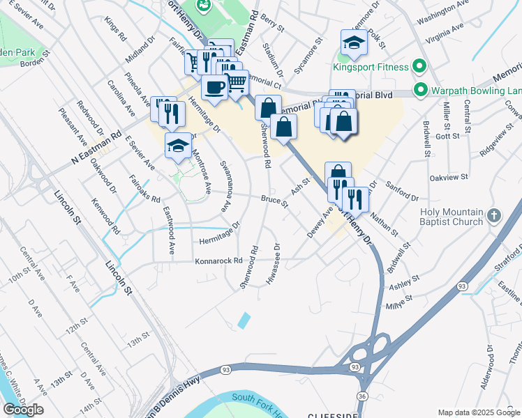 map of restaurants, bars, coffee shops, grocery stores, and more near 2125 Sherwood Road in Kingsport