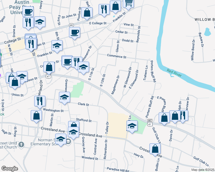 map of restaurants, bars, coffee shops, grocery stores, and more near 1225 Madison Street in Clarksville