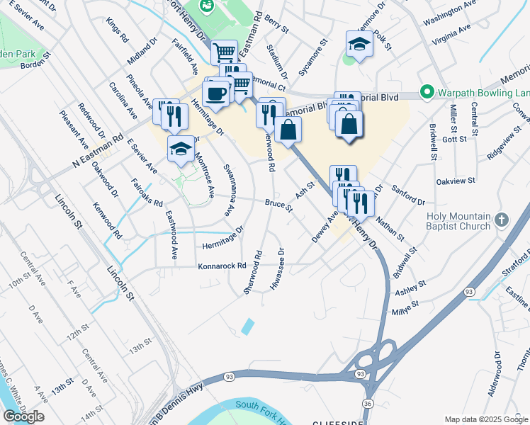map of restaurants, bars, coffee shops, grocery stores, and more near 2125 Sherwood Road in Kingsport