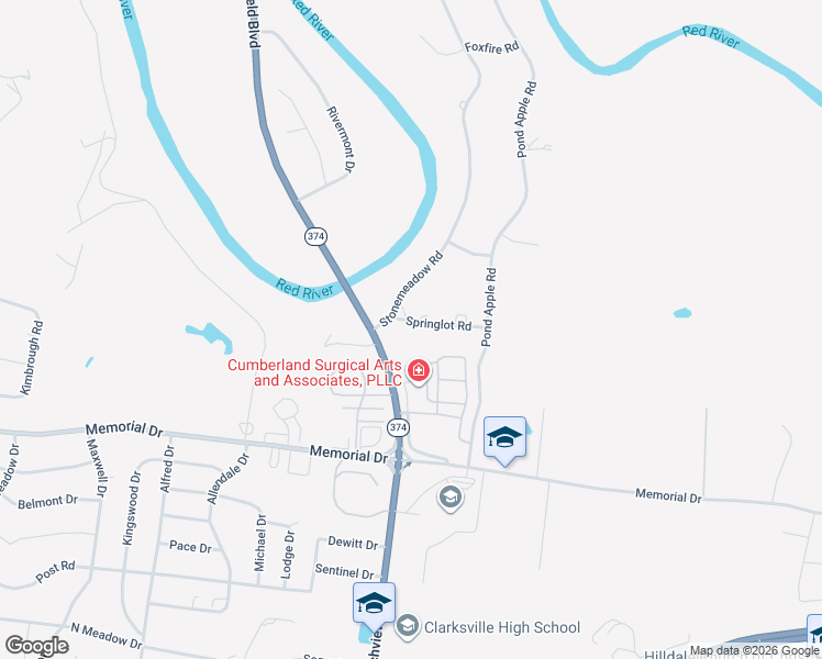map of restaurants, bars, coffee shops, grocery stores, and more near 2202 Springlot Road in Clarksville
