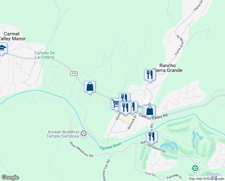 map of restaurants, bars, coffee shops, grocery stores, and more near 9365 Los Prados Drive in Carmel