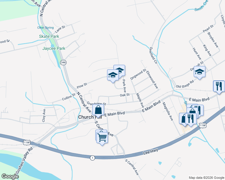 map of restaurants, bars, coffee shops, grocery stores, and more near 208 Oak Street in Church Hill