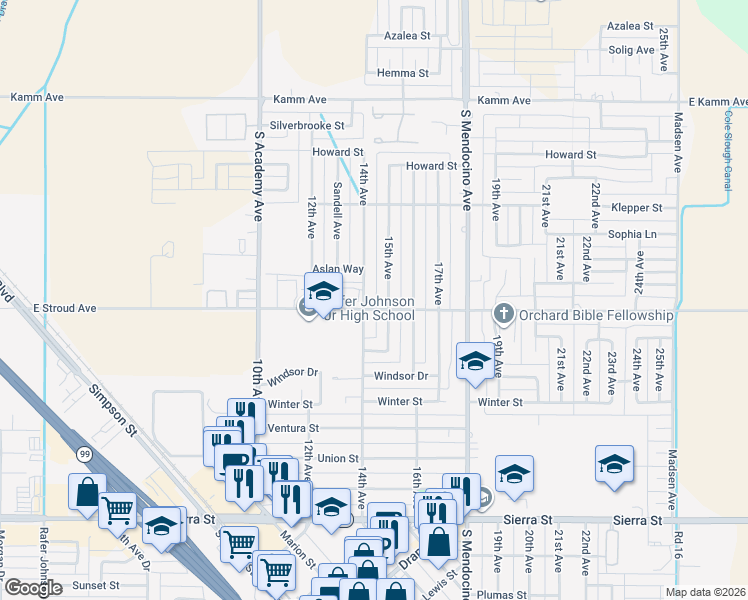map of restaurants, bars, coffee shops, grocery stores, and more near 2500 14th Avenue in Kingsburg