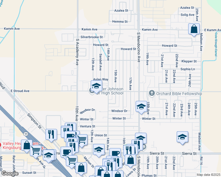 map of restaurants, bars, coffee shops, grocery stores, and more near 1460 East Stroud Avenue in Kingsburg