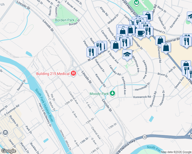 map of restaurants, bars, coffee shops, grocery stores, and more near 701 North Eastman Road in Kingsport