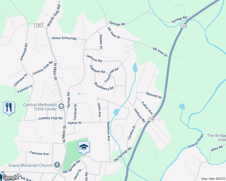 map of restaurants, bars, coffee shops, grocery stores, and more near 313 Oaklawn Road in Mount Airy