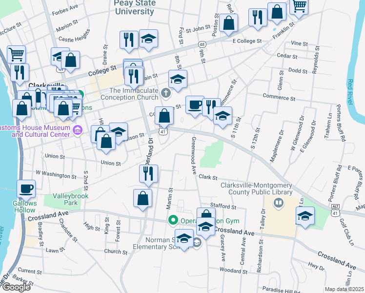 map of restaurants, bars, coffee shops, grocery stores, and more near 300 Greenwood Avenue in Clarksville
