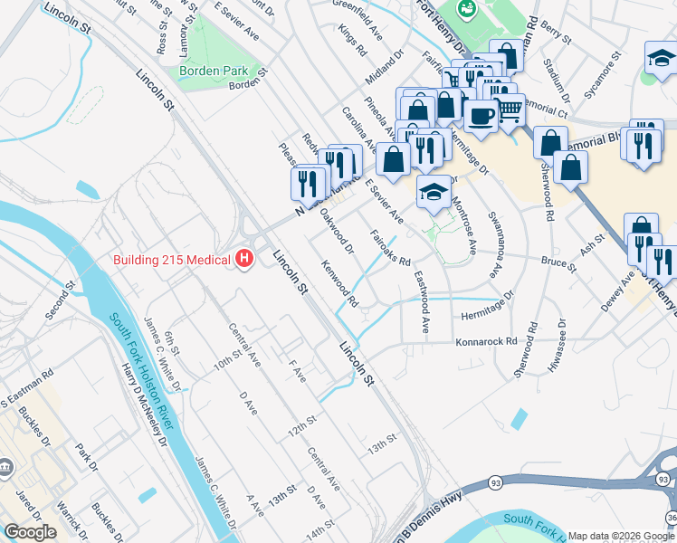 map of restaurants, bars, coffee shops, grocery stores, and more near 1861 Kenwood Road in Kingsport