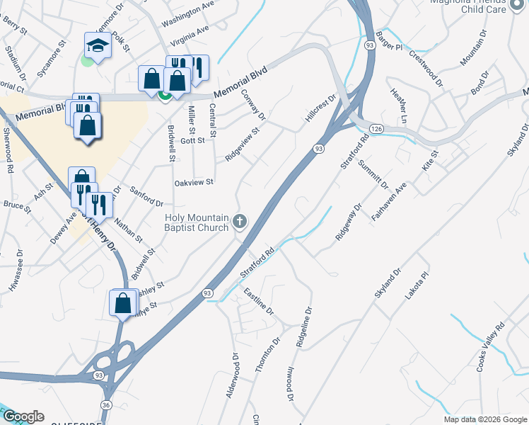 map of restaurants, bars, coffee shops, grocery stores, and more near North John B Dennis Highway in Kingsport