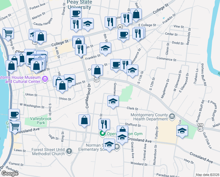 map of restaurants, bars, coffee shops, grocery stores, and more near 300 Greenwood Avenue in Clarksville