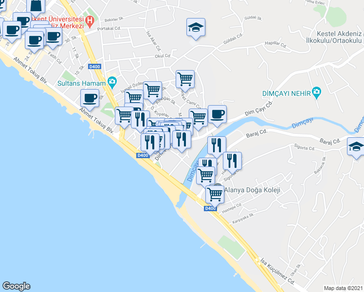 map of restaurants, bars, coffee shops, grocery stores, and more near 20 Dim Çayı Caddesi in Alanya
