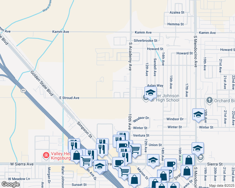 map of restaurants, bars, coffee shops, grocery stores, and more near 800 Stroud Avenue in Kingsburg
