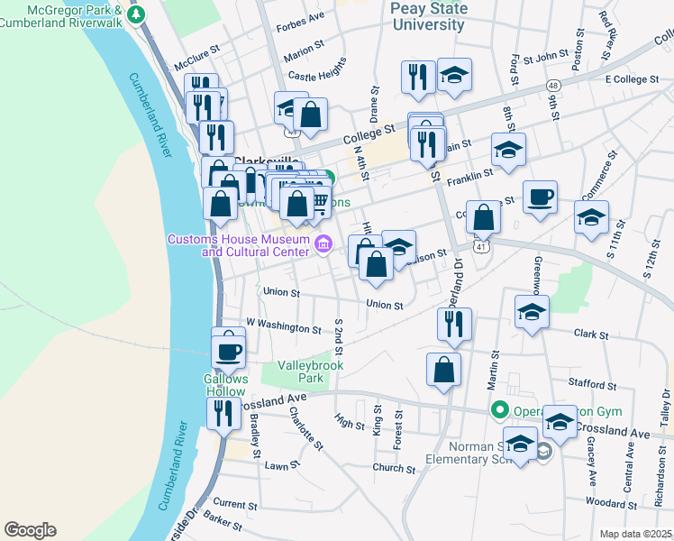 map of restaurants, bars, coffee shops, grocery stores, and more near 123 Union Street in Clarksville