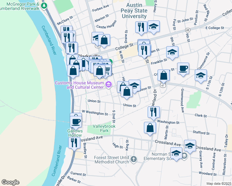 map of restaurants, bars, coffee shops, grocery stores, and more near 212 Madison Street in Clarksville