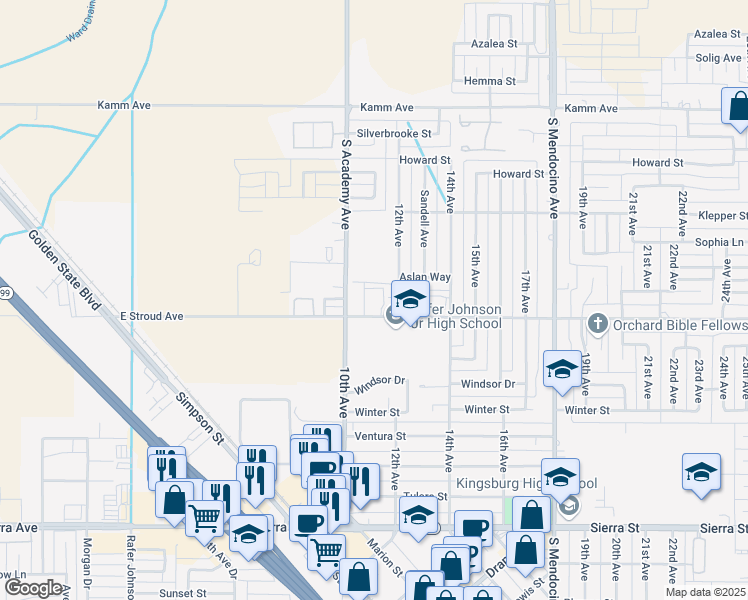map of restaurants, bars, coffee shops, grocery stores, and more near 1101 Stroud Avenue in Kingsburg