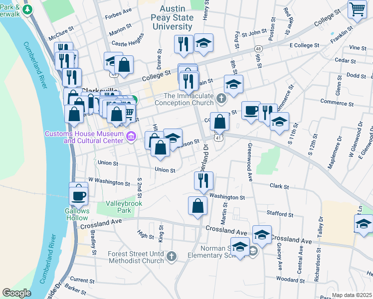 map of restaurants, bars, coffee shops, grocery stores, and more near 512 Madison Street in Clarksville