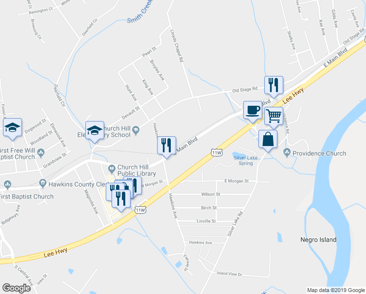 map of restaurants, bars, coffee shops, grocery stores, and more near 518 East Main Boulevard in Church Hill