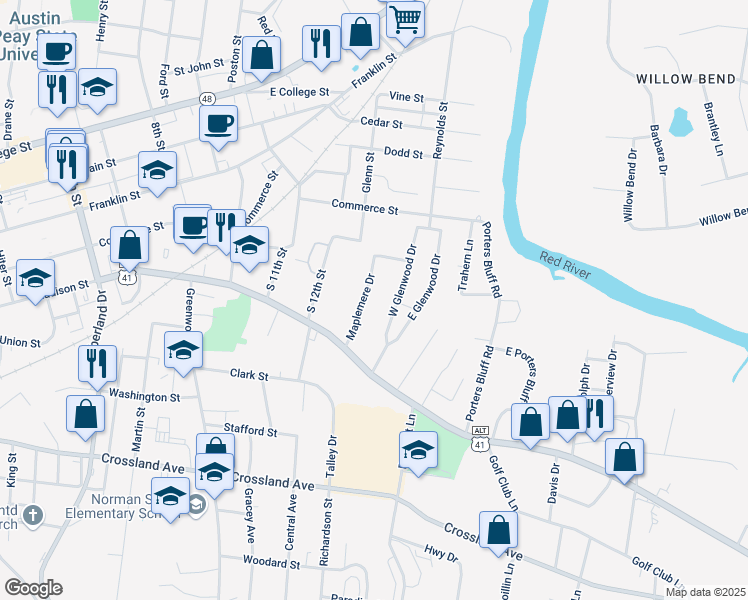 map of restaurants, bars, coffee shops, grocery stores, and more near 183 Maplemere Drive in Clarksville
