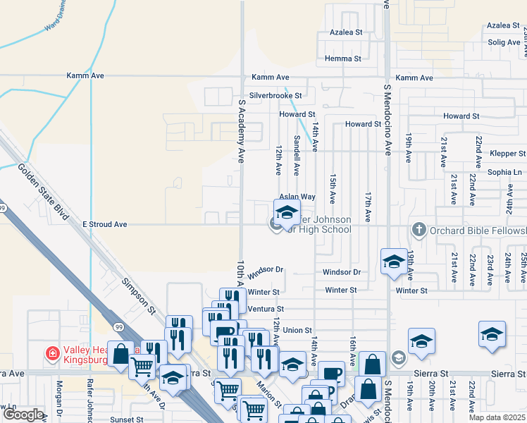 map of restaurants, bars, coffee shops, grocery stores, and more near 1101 Stroud Avenue in Kingsburg