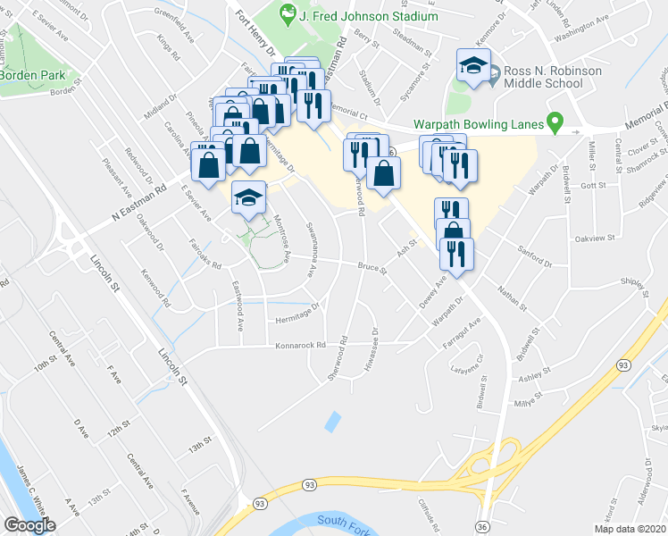 map of restaurants, bars, coffee shops, grocery stores, and more near 2160 Swannanoa Avenue in Kingsport