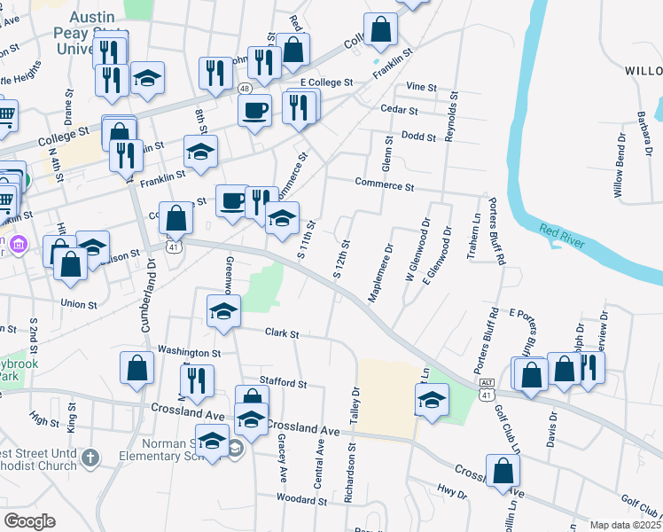map of restaurants, bars, coffee shops, grocery stores, and more near 545 South 12th Street in Clarksville