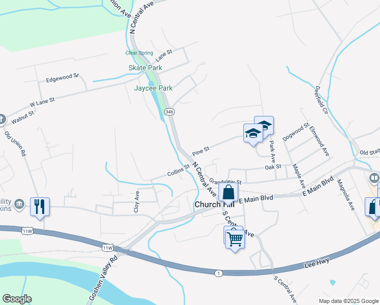 map of restaurants, bars, coffee shops, grocery stores, and more near 316 North Central Avenue in Church Hill