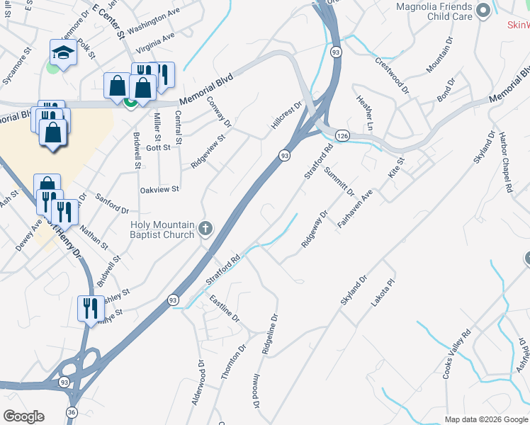 map of restaurants, bars, coffee shops, grocery stores, and more near 1009 Morrell Court in Kingsport