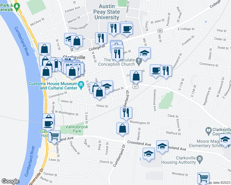 map of restaurants, bars, coffee shops, grocery stores, and more near 512 Madison Street in Clarksville